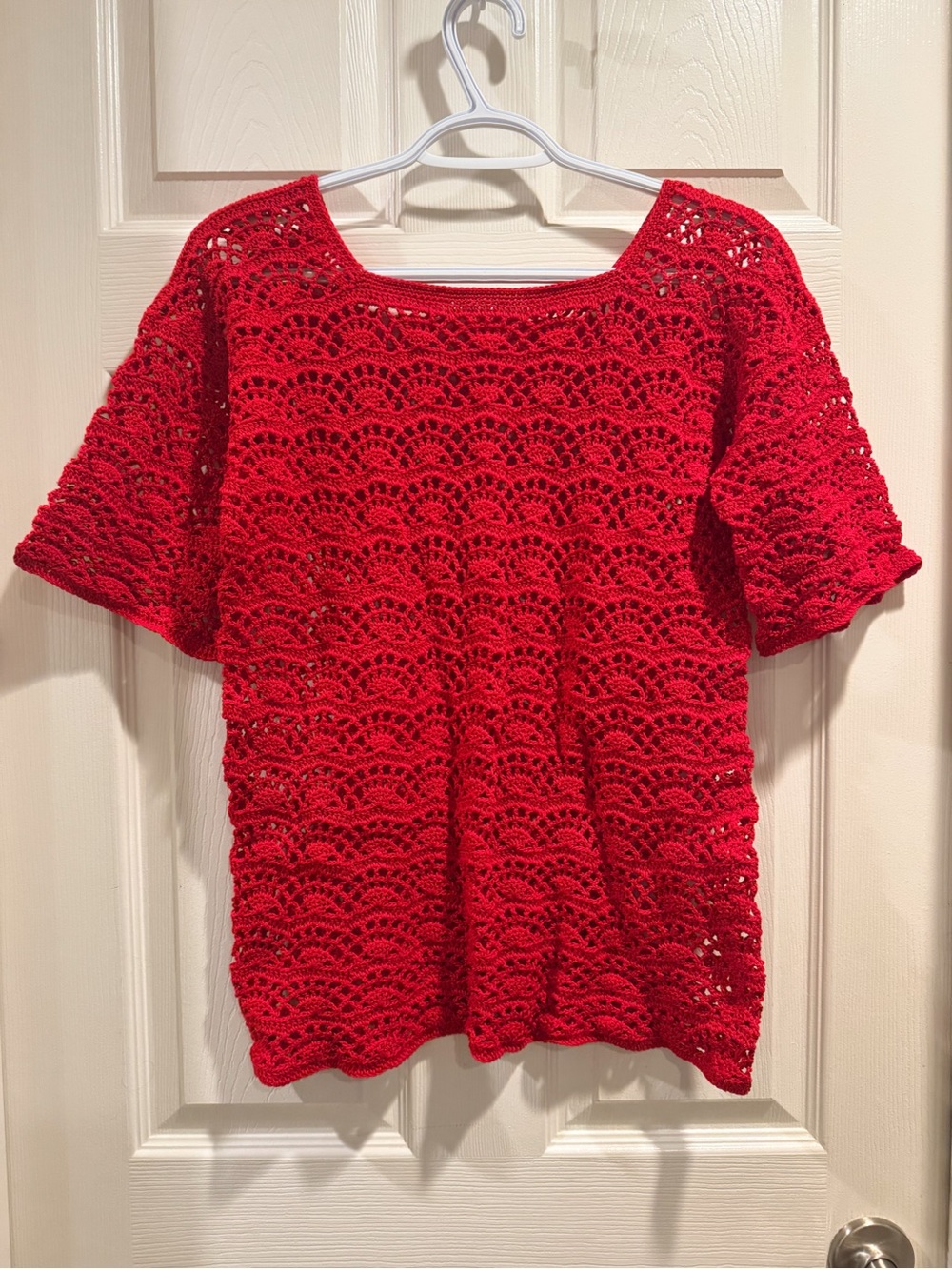 Handcrafted Red Crochet Lace Boho Top Short Sleeve Square Neck Artisanal M/L